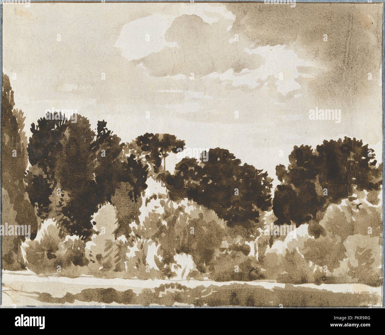 Bordo della foresta su una brillante giorno. Data: c. 1800. Dimensioni: complessivo: 15,8 x 19,4 cm (6 1/4 x 7 5/8 in.). Medium: spazzola con il marrone ed il grigio lava su cui carta montata sul foglio di album. Museo: National Gallery of Art di Washington DC. Autore: Franz Josef Innocenz Kobell. Foto Stock