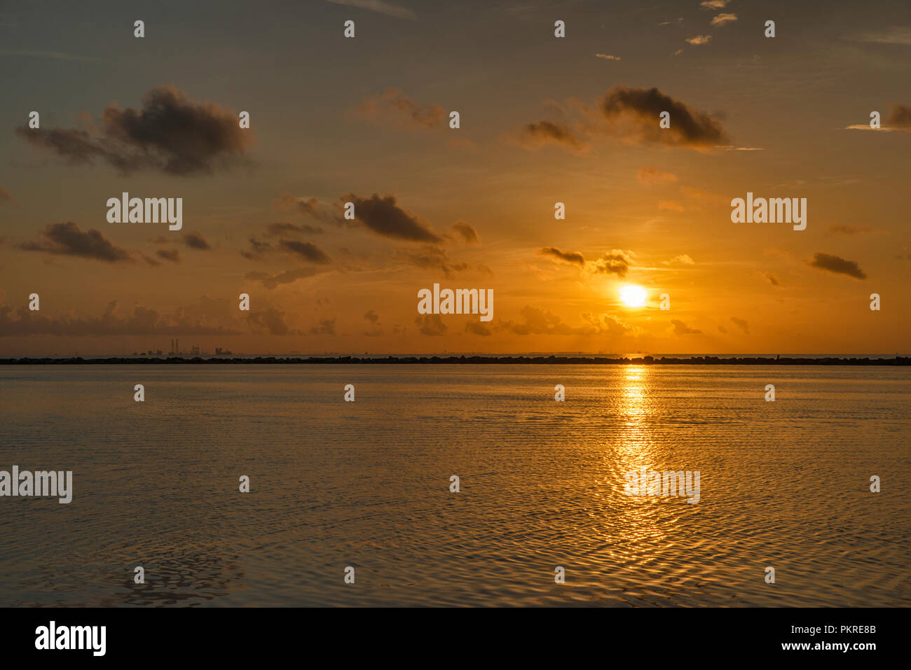 Sunrise over Mustang Island e Corpus Christi Bay, vista dal Corpus Christi Marina, Texas, Stati Uniti d'America Foto Stock