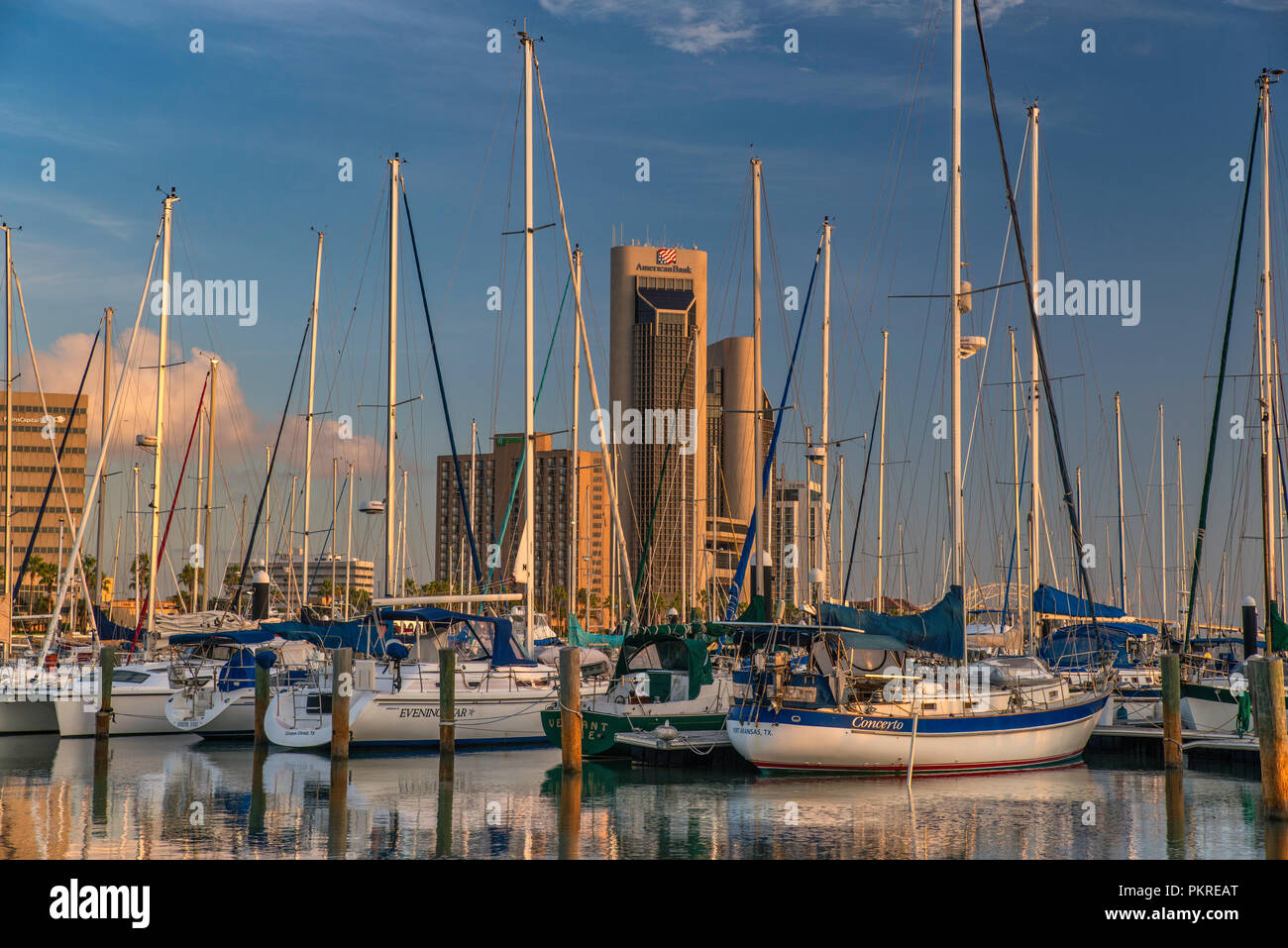 Barche a vela presso il Corpus Christi Marina, centro di torri in distanza, sunrise, Corpus Christi, Texas, Stati Uniti d'America Foto Stock