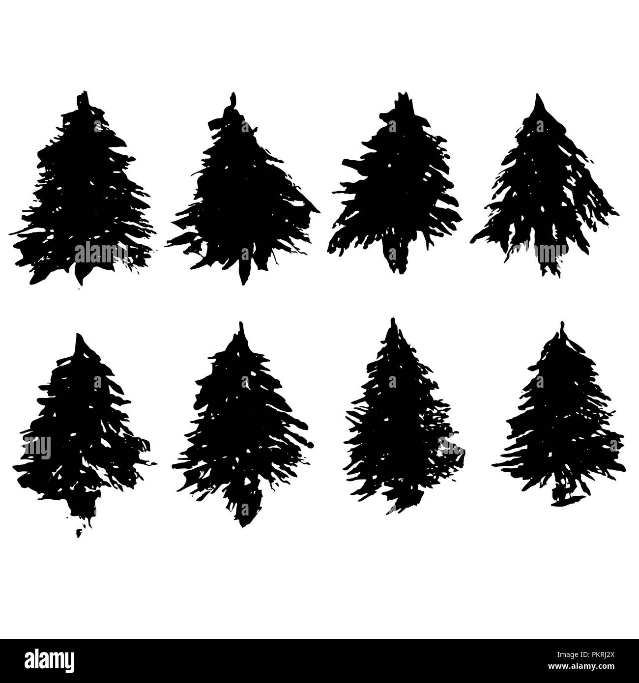 Set di abete silhouette. Nero grunge di alberi di Natale. Acquerello pini isolati su sfondo bianco. Illustrazione Vettoriale. Illustrazione Vettoriale