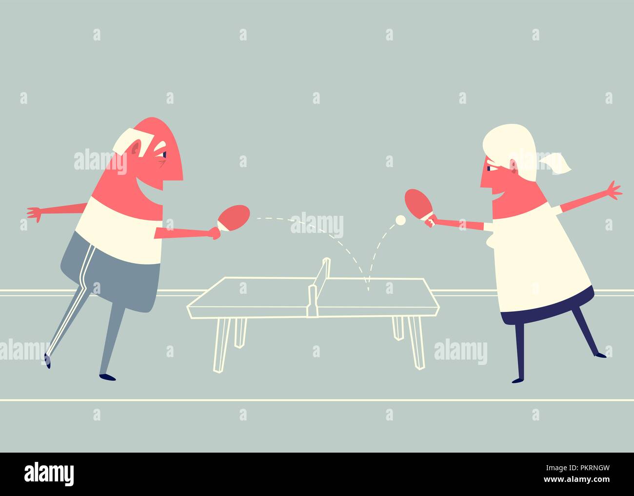 Cartoon coppia di anziani a giocare a ping pong. Illustrazione Vettoriale