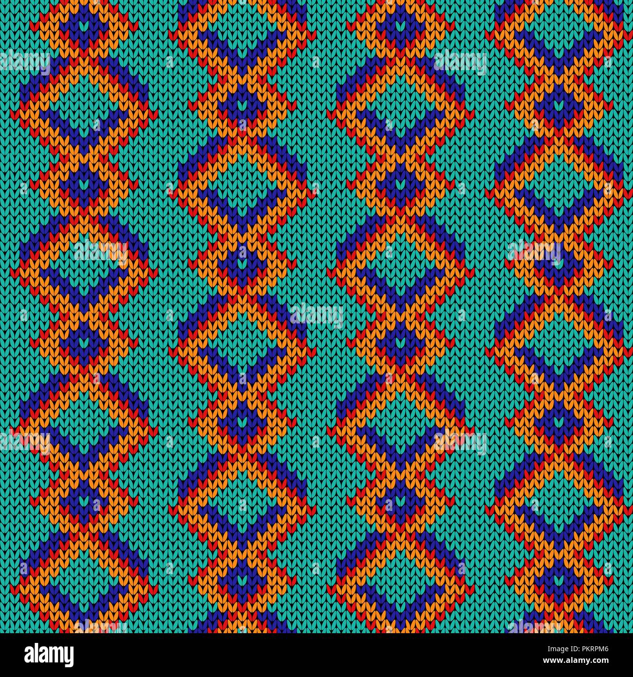 Maglia senza cuciture con pattern arancio brillante, blu e rosso linee sullo sfondo turchese, vettore come un tessuto texture Illustrazione Vettoriale