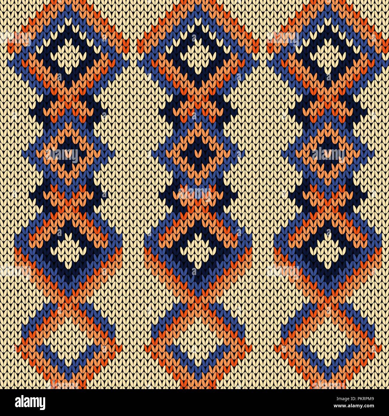 Maglia senza cuciture pattern con varietà di interallacciamento di linee in arancione e le sfumature di blu su sfondo beige, vettore come un tessuto texture Illustrazione Vettoriale