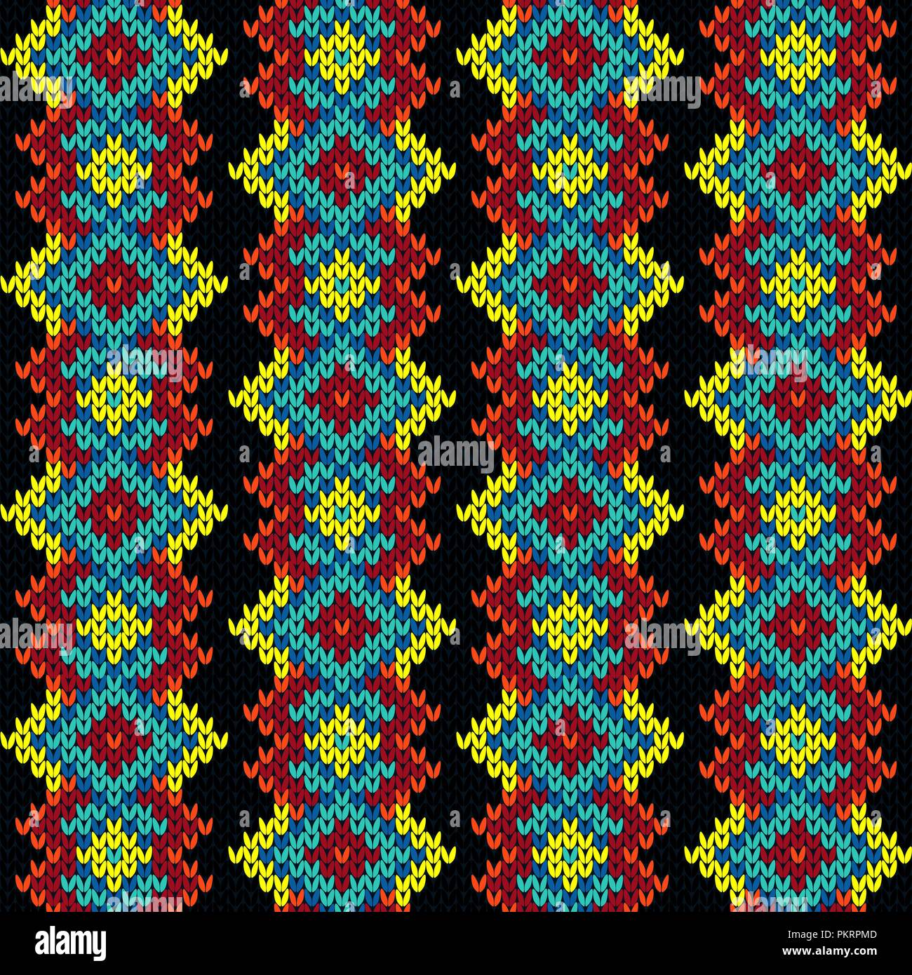 Colorato in maglia senza cuciture disegno geometrico in turchese, i colori rosso e giallo su sfondo nero, vettore come un tessuto texture Illustrazione Vettoriale