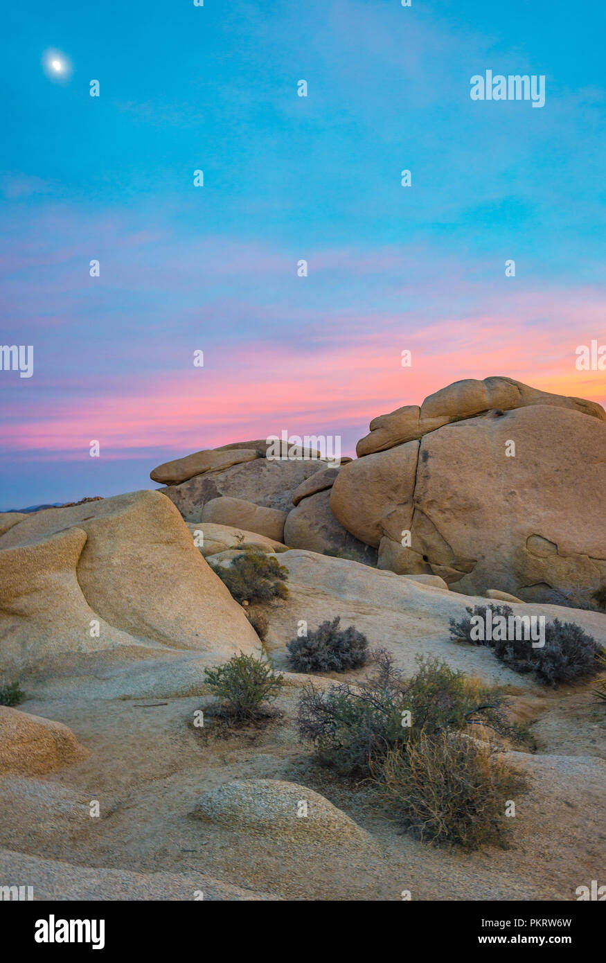 Tramonto su rocce di grandi dimensioni a Joshua Tree National Park, California, Stati Uniti d'America Foto Stock
