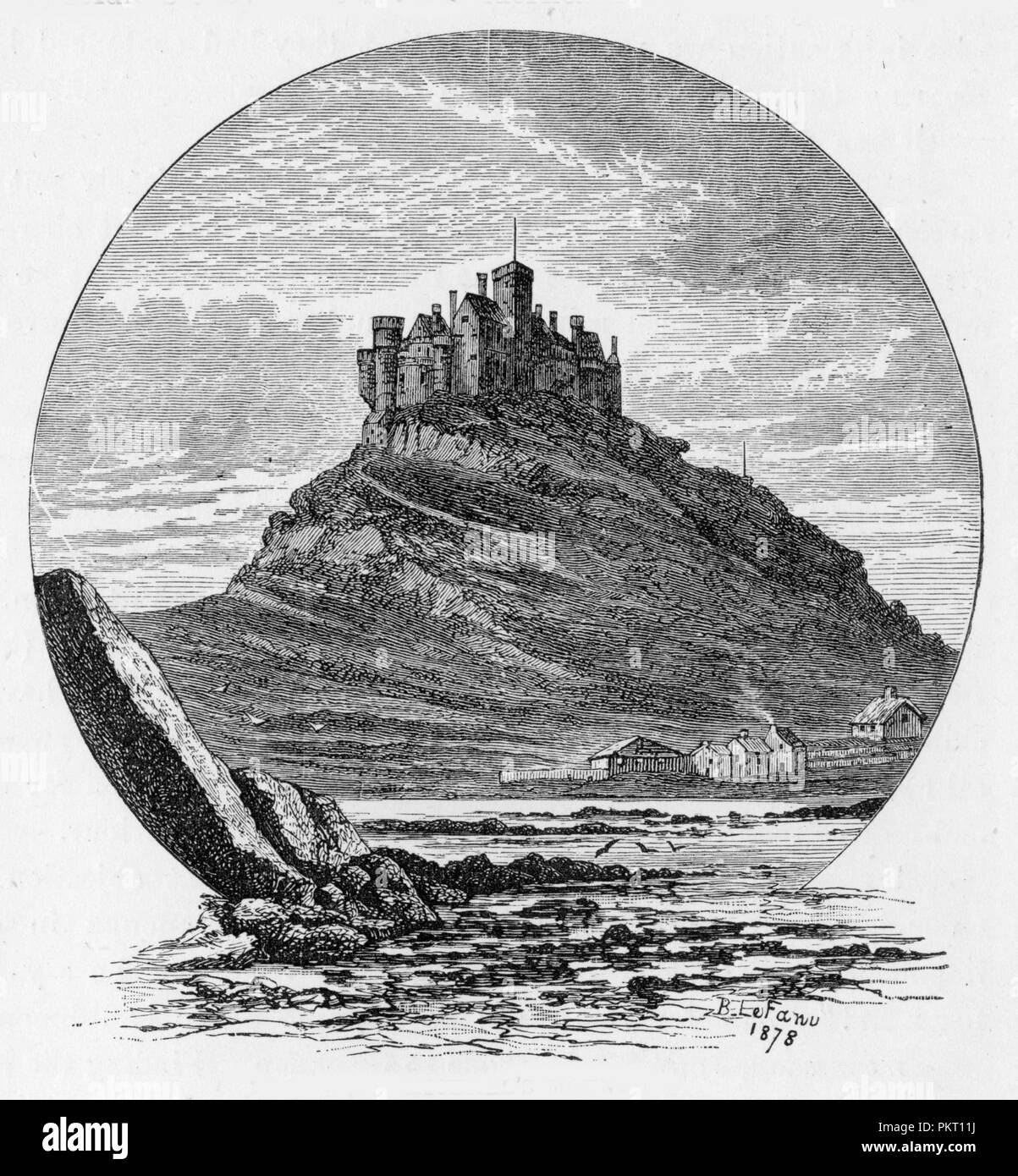 St Michael's Mount (Cornish: Karrek Loos yn Koos), un isola di marea 366 metri fuori il Monte's Bay costa della Cornovaglia, England, Regno Unito; incisione da selezioni dall'ufficiale di John Wesley, 1891 Foto Stock