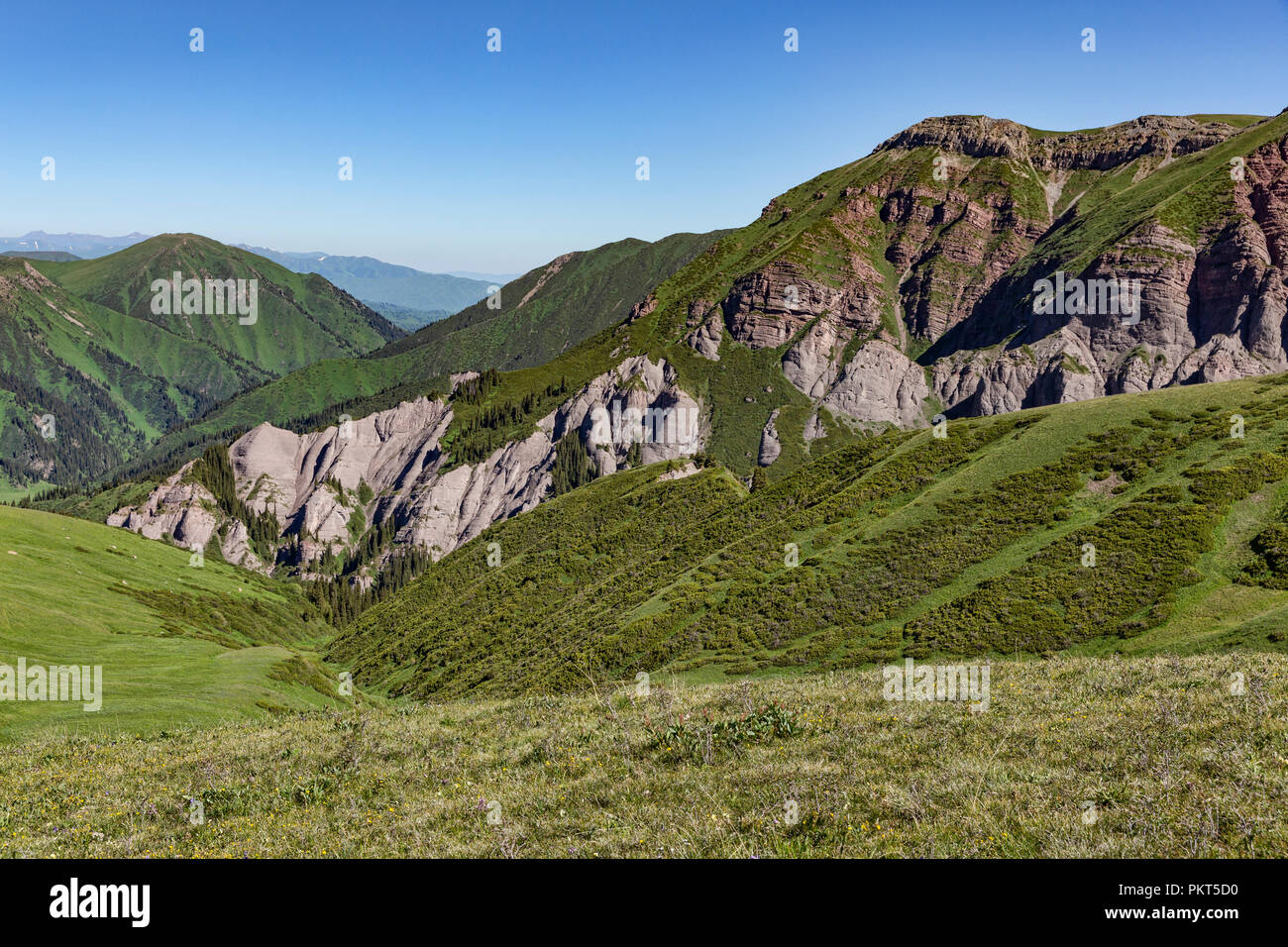 Viola formazione geologica in Tyup River Valley, Loop Keskenkyia trek, Jyrgalan, Kirghizistan Foto Stock