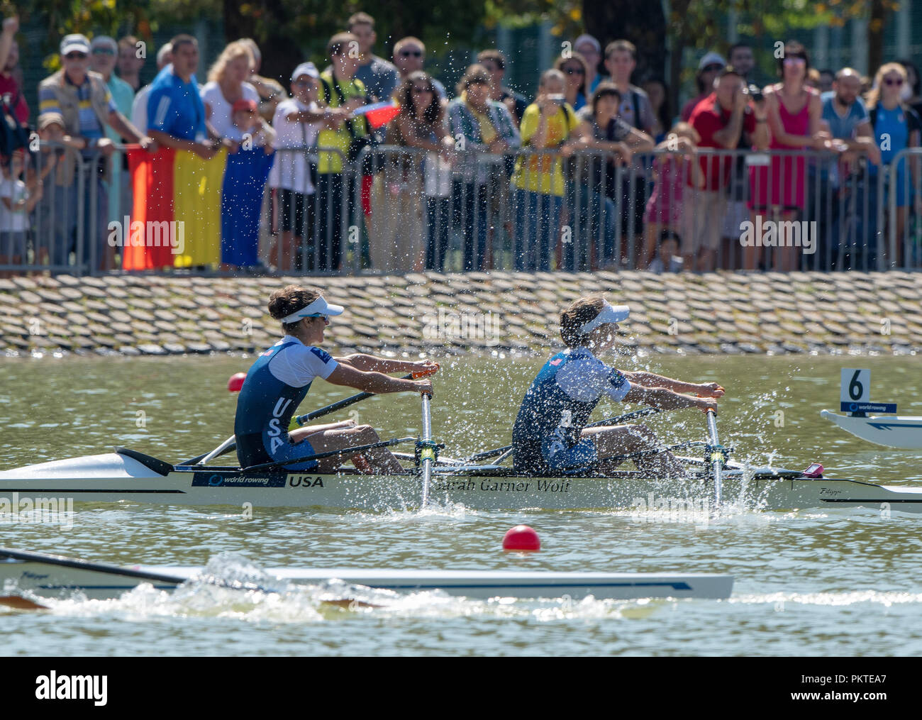 Plovdiv, Bulgaria, Sabato, 15 settembre 2018. FISA, mondo campionati di canottaggio, finale, leggero donna skiff doppio, USA LW2X. vincendo una medaglia d'argento, equipaggio:, prua, Emily SCHMIEG e Maria JONES, Â© Pietro SPURRIER, Credito: Pietro SPURRIER/Alamy Live News Foto Stock