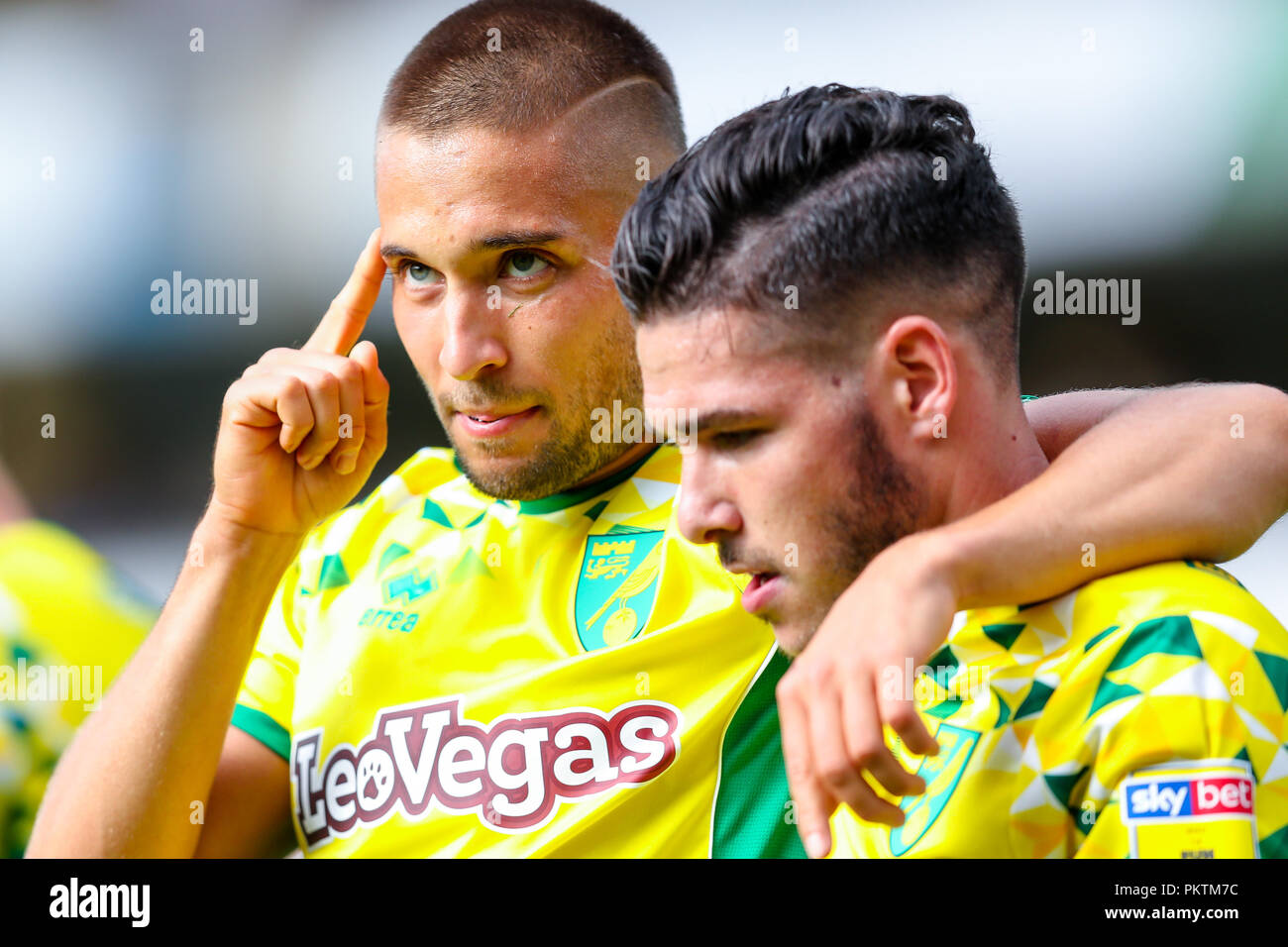 Carrow Road, Norfolk, Regno Unito. Il 15 settembre 2018. Sky Bet campionato EFL Norwich City v Middlesbrough ; Moritz Leitner celebra Norwich l'obiettivo. Solo uso editoriale nessun uso non autorizzato di audio, video, dati, calendari, club/campionato loghi o 'live' servizi. Nessun uso in scommesse, giochi o un singolo giocatore/club/league pubblicazioni e tutti English Football League immagini sono soggette a licenza DataCo Credito: News immagini /Alamy Live News Foto Stock