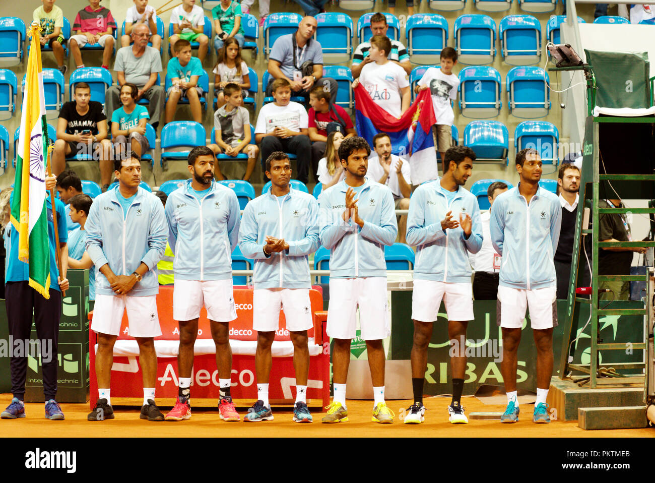 Kraljevo, Serbia. Il 15 settembre 2018. L'Indiano Davis Cup team prima dell'inizio dell'raddoppia la partita della coppa Davis 2018 Tennis World Group Play-off intorno al centro Sportski Ibar in Kraljevo, Serbia. Credito: Karunesh Jöhri/Alamy Live News. Foto Stock