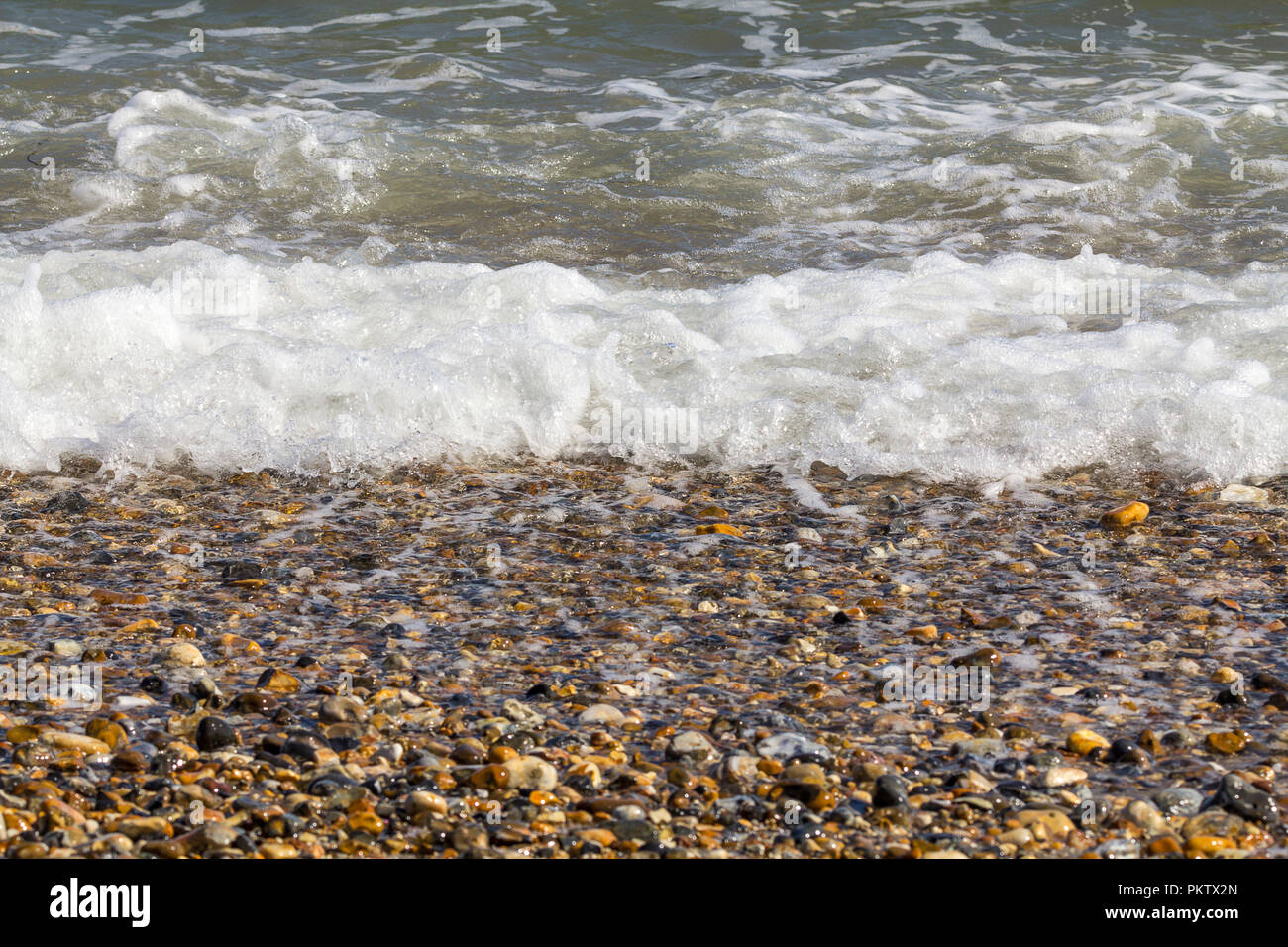 Sulla spiaggia di Porto Pagham marea comming a. Surf onde di piccoli ciottoli e conchiglie in tarda estate. Semplici acque calmante immagine del bordo REGNO UNITO sud costa. Foto Stock