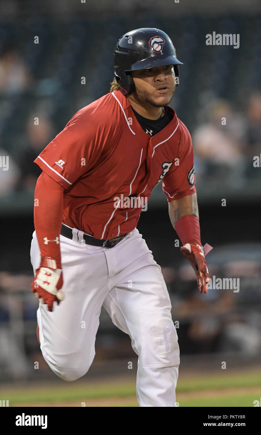 New Hampshire Fisher gatti outfielder Harold Ramirez esegue le basi durante una partita di spareggio in Manchester, N.H., STATI UNITI D'AMERICA. Foto Stock