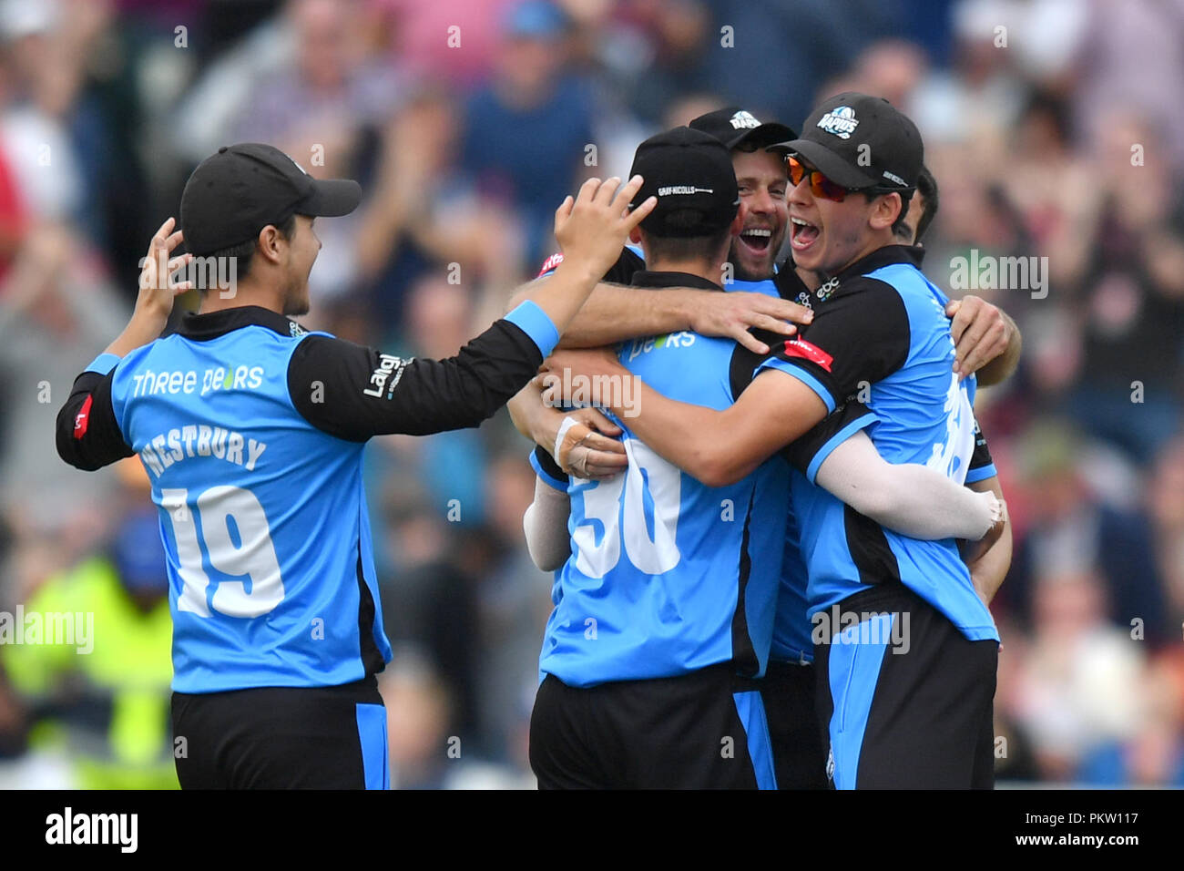 Worcestershire Rapids celebra vincendo la vitalità T20 Blast Semi Final match on Finals giorno a Edgbaston, Birmingham. Foto Stock