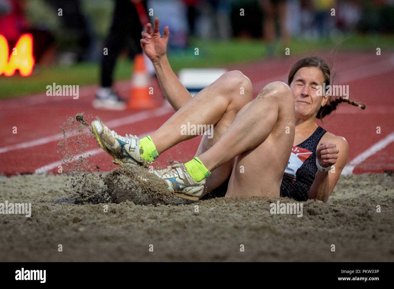 Zagabria, Croazia - 4 Settembre 2018: IAAF World Challenge Zagreb, sessantottesima Boris Hanzekovic Memorial. Salto triplo atleta Foto Stock