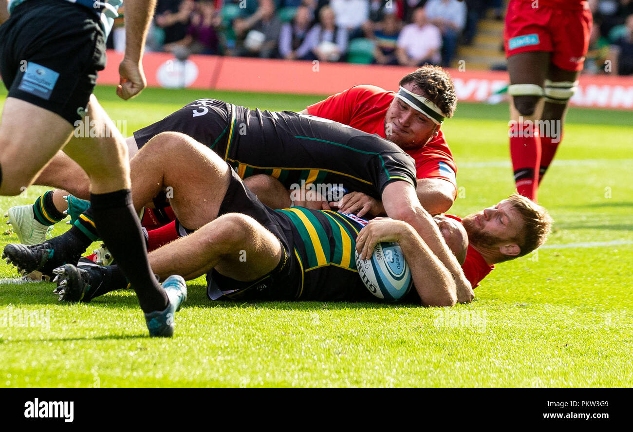 Northampton Santi' Ben Franks punteggi loro terza prova durante la Premiership Gallagher corrisponde al Giardino Franklins, Northampton. Foto Stock