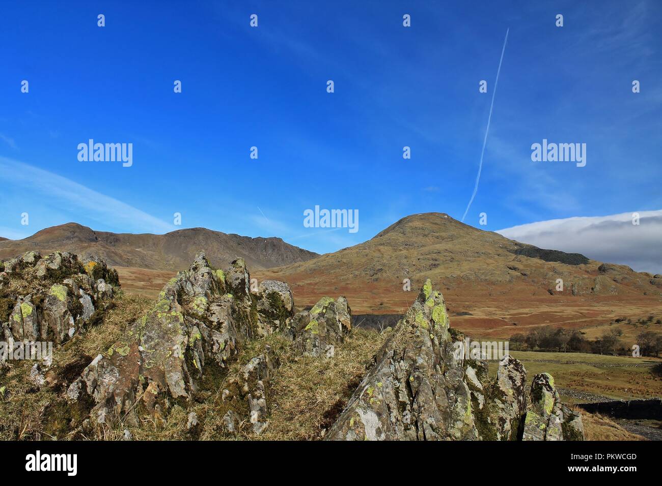 Regno Unito, Torver, Coniston. Vista in direzione di Coniston Old Man e Dow Crag nel Lake District inglese. Foto Stock