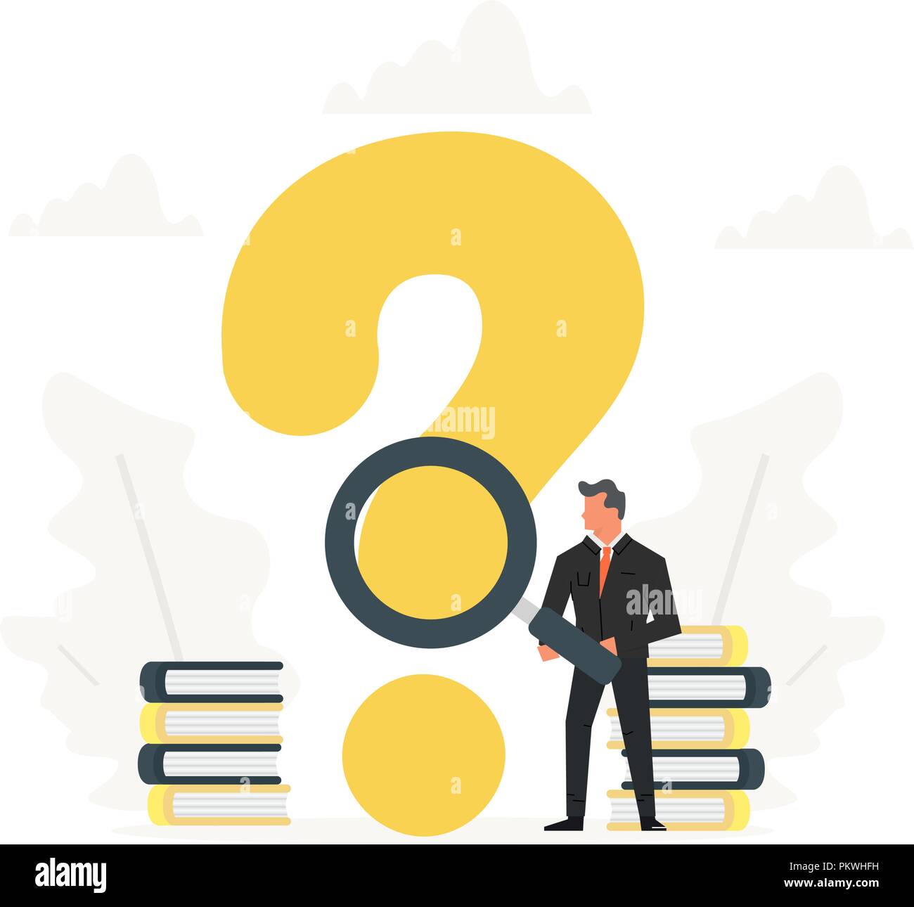 Imprenditore detiene una lente di ingrandimento e stare vicino con grande punto interrogativo. Illustrazione vettoriale di un design piatto. Ufficio Cartoon l uomo è pensare. Illustrazione Vettoriale