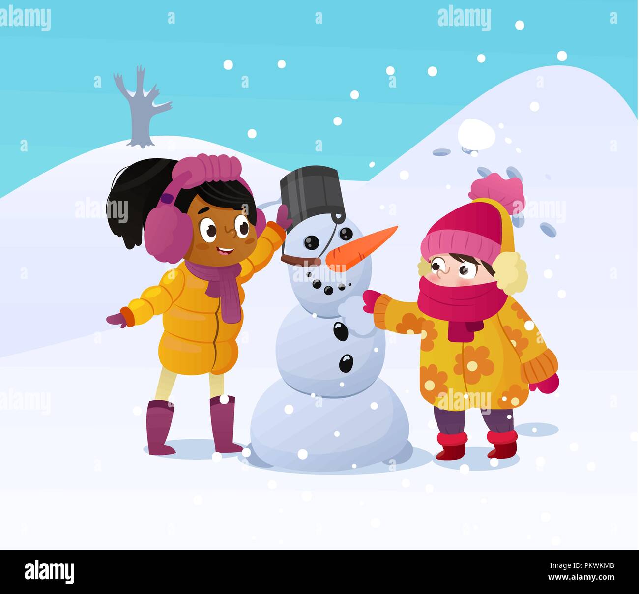 Contenti i bambini giocando con il pupazzo di neve. Divertenti piccole girs in una passeggiata in inverno all'esterno. I bambini la costruzione di uomo di neve giocando all'aperto sul soleggiato inverno nevoso giorno. Divertimento all'aperto su vacanze di Natale. Vettore Illustrazione Vettoriale