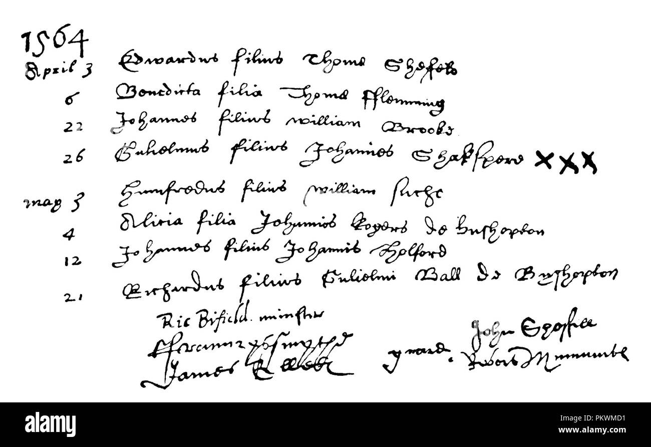 Voce battesimale su William Shakespeare nel registro battesimale di Stratford. Quarta fila da sopra: [Aprile] 26 Gulielmus filius Johannis Shakespere_ 1564 26. [Aprile] Wilhelm, figlio di Johannes Shakspere, Foto Stock