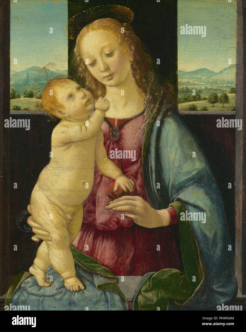 Madonna con Bambino e una melagrana. Data: 1475/1480. Dimensioni: complessivo: 16,5 x 13,4 cm (6 1/2 x 5 1/4 in.) incorniciato: 44,1 x 24,5 x 3,8 cm (17 3/8 x 9 5/8 x 1 1/2 in.). Medium: olio su pannello di pioppo. Museo: National Gallery of Art di Washington DC. Autore: Lorenzo di Credi. Foto Stock