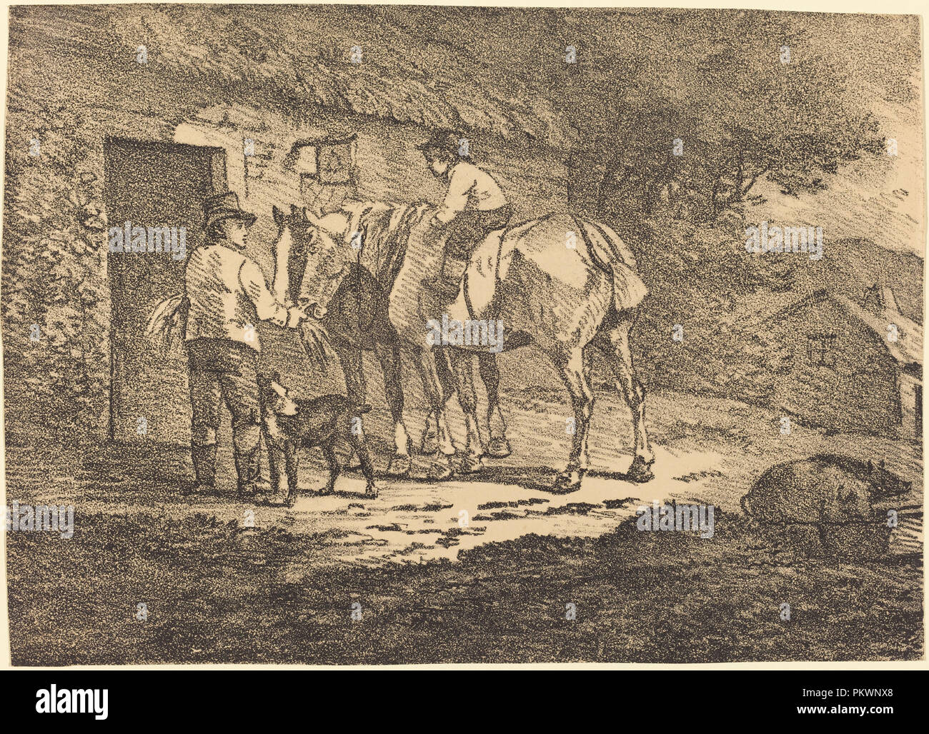 Cavalli al Cottage porta. Data: 1804. Medium: crayon litografia. Museo: National Gallery of Art di Washington DC. Autore: CONRAD GESSNER. Foto Stock