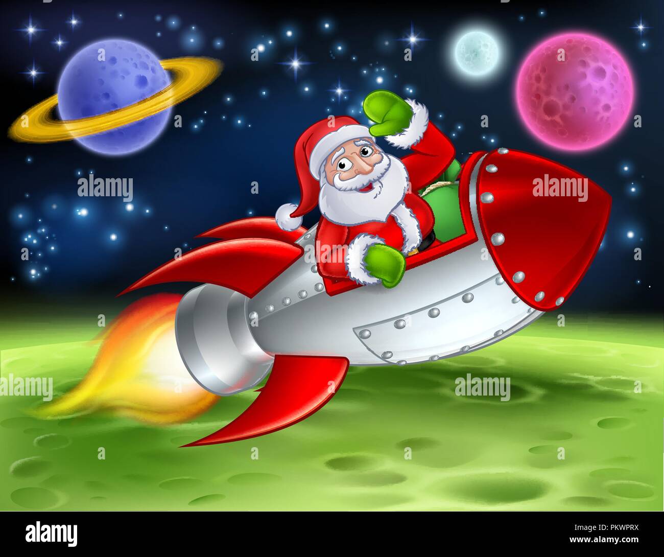 Santa a razzo spaziale illustrazione Cartoon Illustrazione Vettoriale