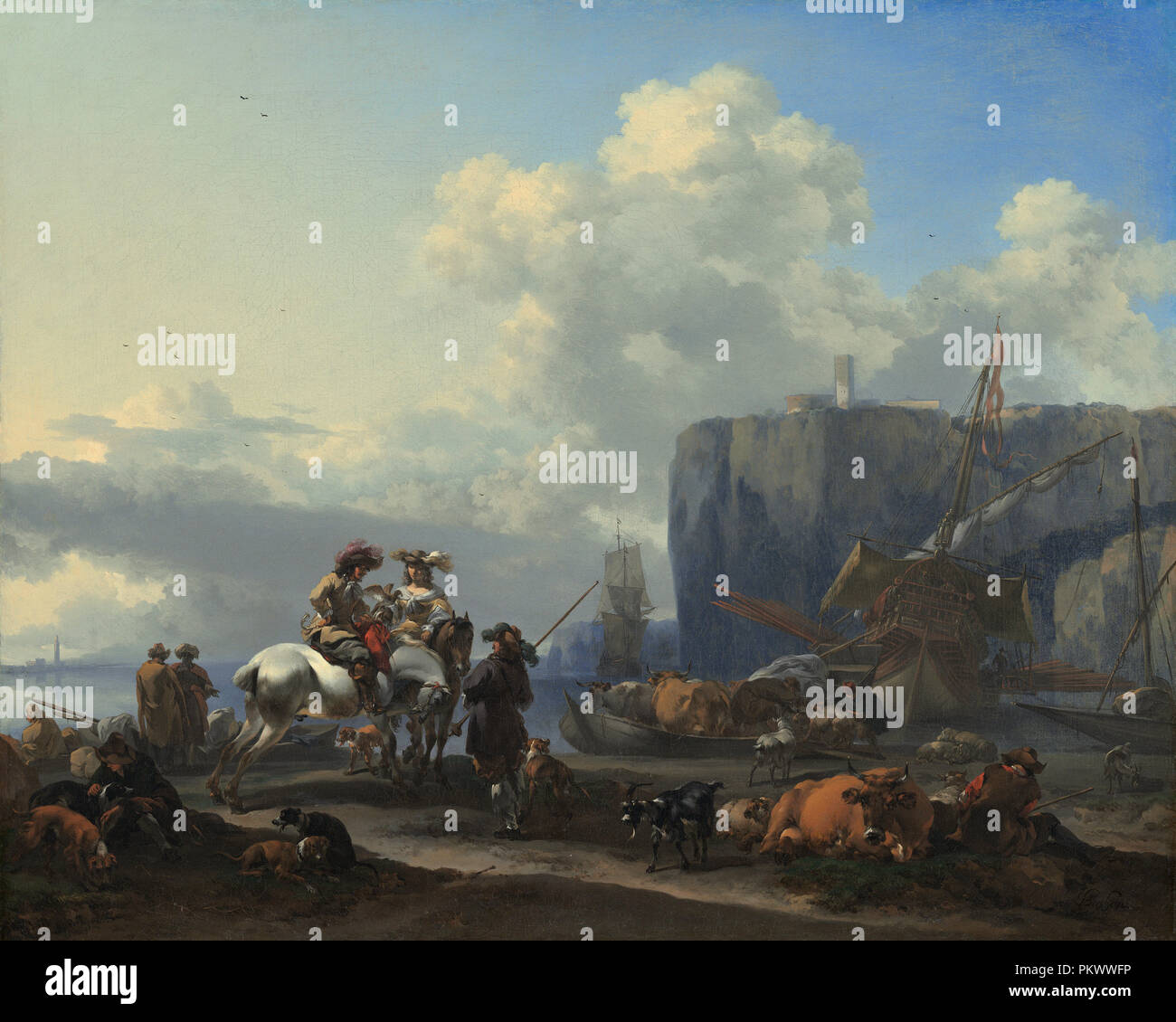Vista di un porto italiano. Data: primi 1699s. Dimensioni: complessivo: 48 x 59,5 cm (18 7/8 x 23 7/16 in.) incorniciato: 68,6 x 80 x 5,3 cm (27 x 31 1/2 x 2 1/16 in.). Medium: olio su tela. Museo: National Gallery of Art di Washington DC. Autore: Nicolaes Pietersz Berchem. Foto Stock