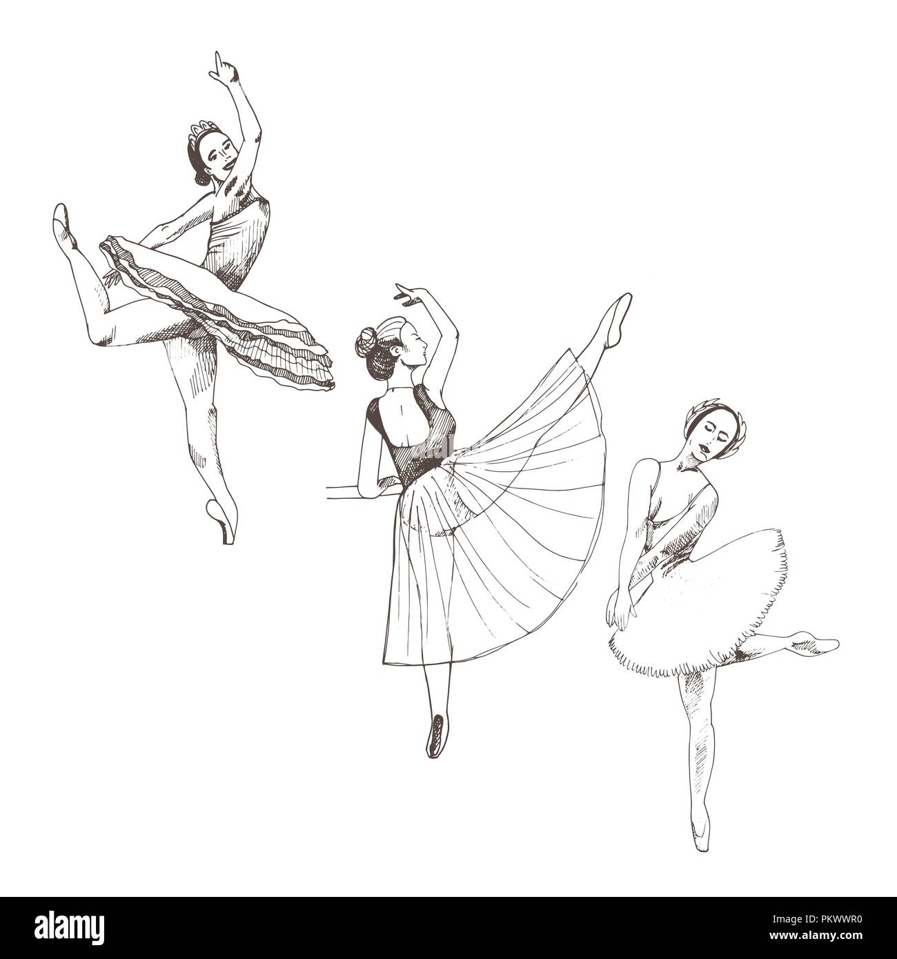 Ballerina dancing isolati su sfondo bianco. Grazioso donne che indossano ballet tutu. Illustrazione Vettoriale