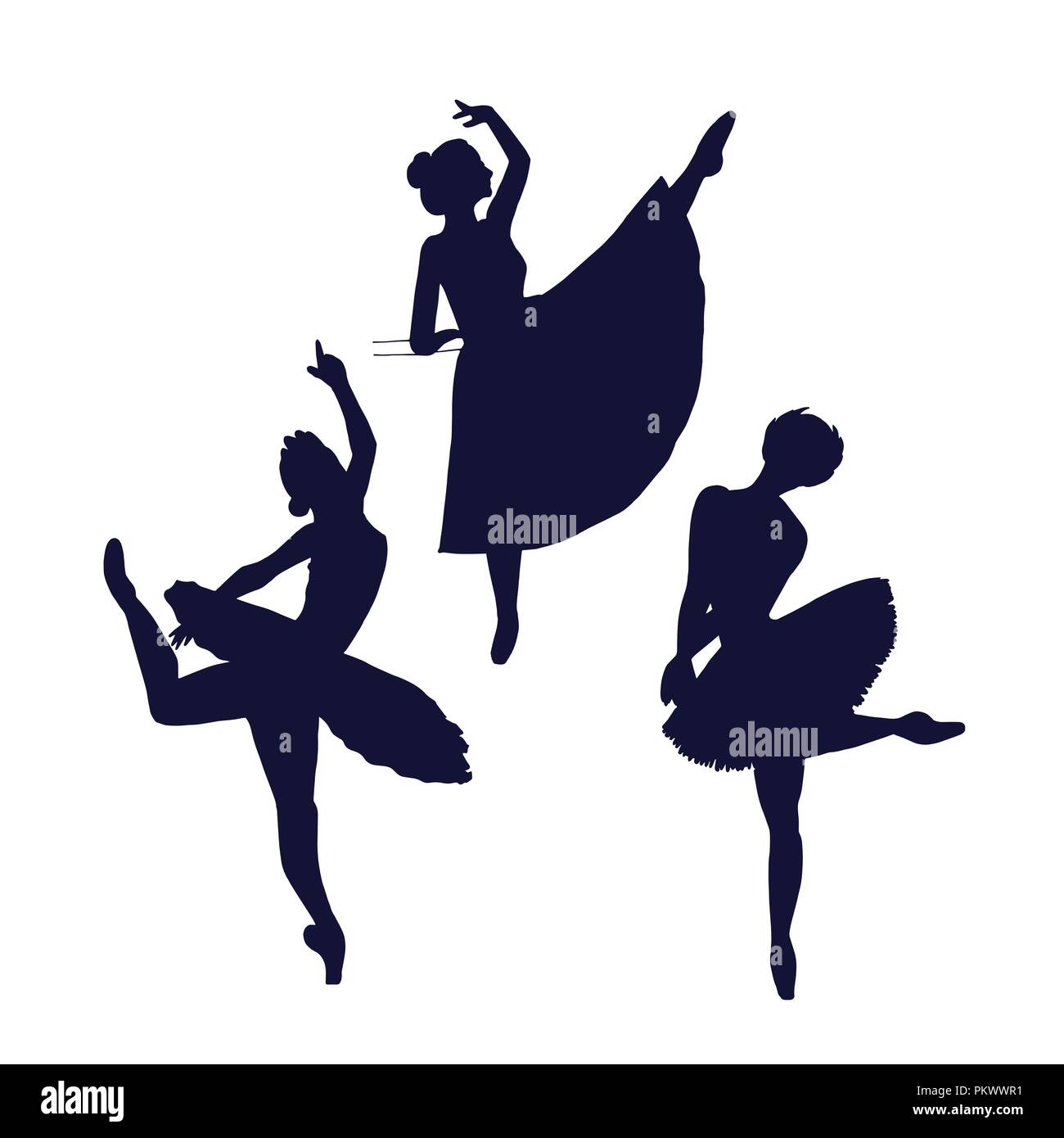 Ballerina silhouette isolati su sfondo bianco. Ballerino femmina pone le ombre. Illustrazione Vettoriale