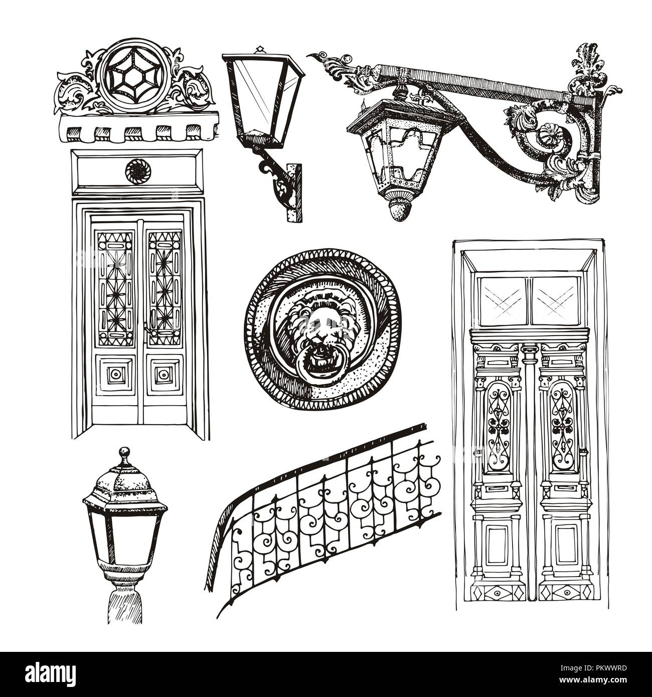 Vecchio stile di porte ed elementi di costruzione isolata su sfondo bianco. Grate forgiate e lanterne in stile vintage. Illustrazione Vettoriale