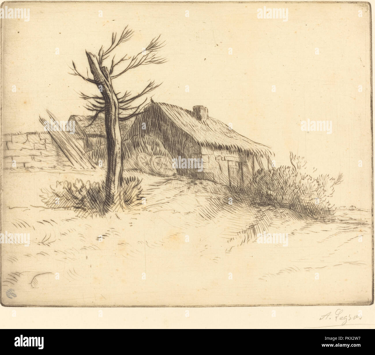 Cottage con il tetto di paglia (Chaumiere). Medium: attacco e puntasecca ritoccata con inchiostro. Museo: National Gallery of Art di Washington DC. Autore: Alphonse Legros. Foto Stock
