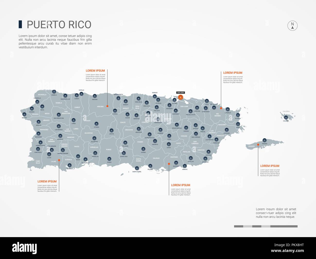 Puerto Rico mappa con le frontiere, città capitale e divisioni amministrative. Infografico mappa vettoriale. Livelli modificabili chiaramente etichettati. Illustrazione Vettoriale