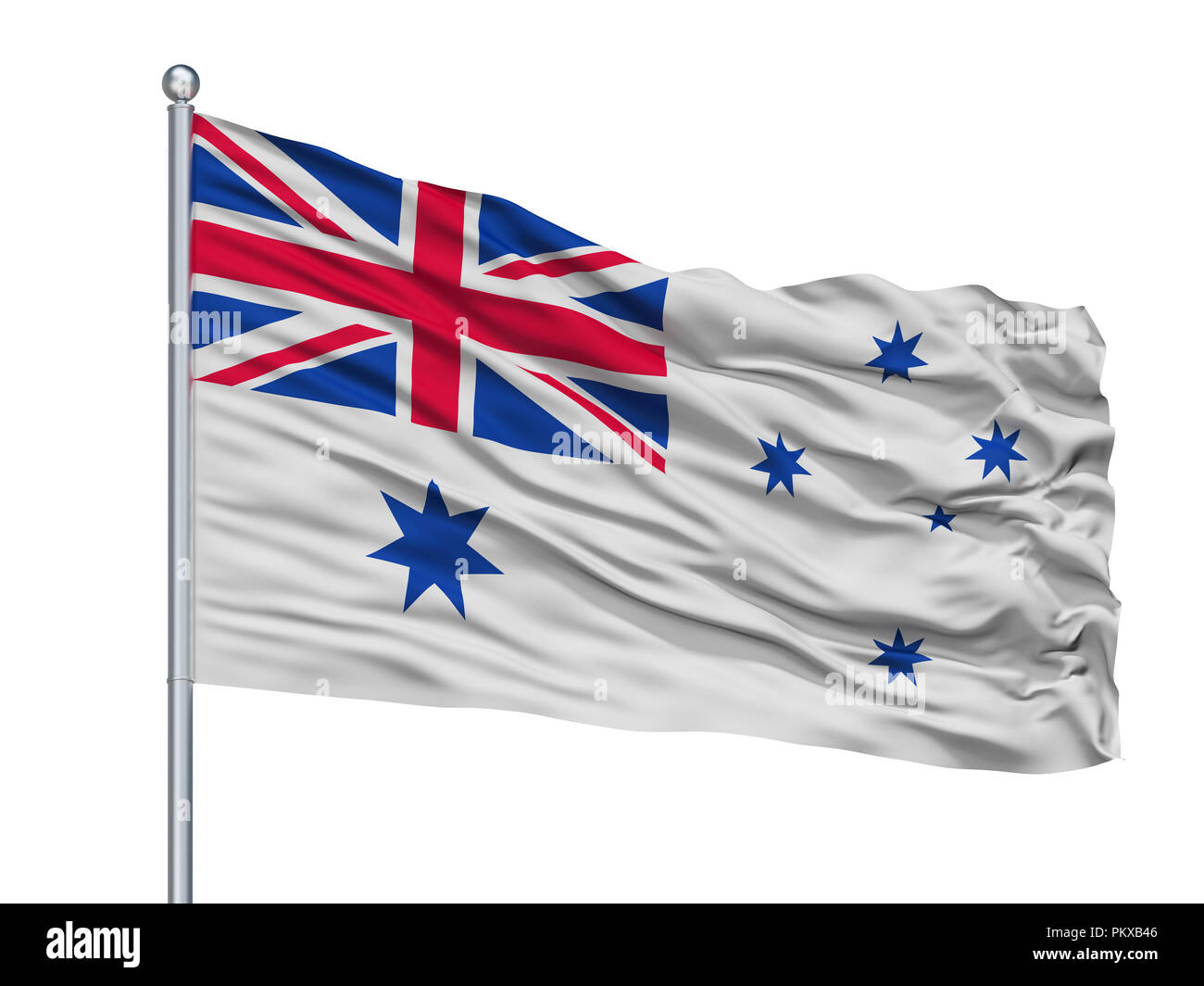 Australia Naval Ensign bandiera sul pennone, isolato su sfondo bianco, rendering 3D Foto Stock