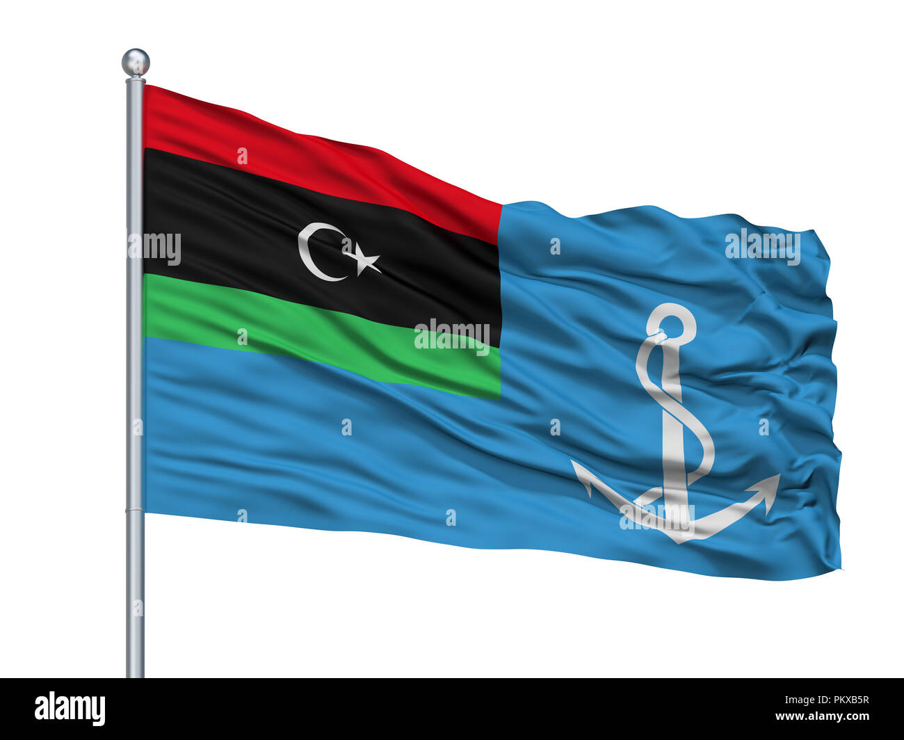 Libia Naval Ensign bandiera sul pennone, isolato su sfondo bianco, rendering 3D Foto Stock