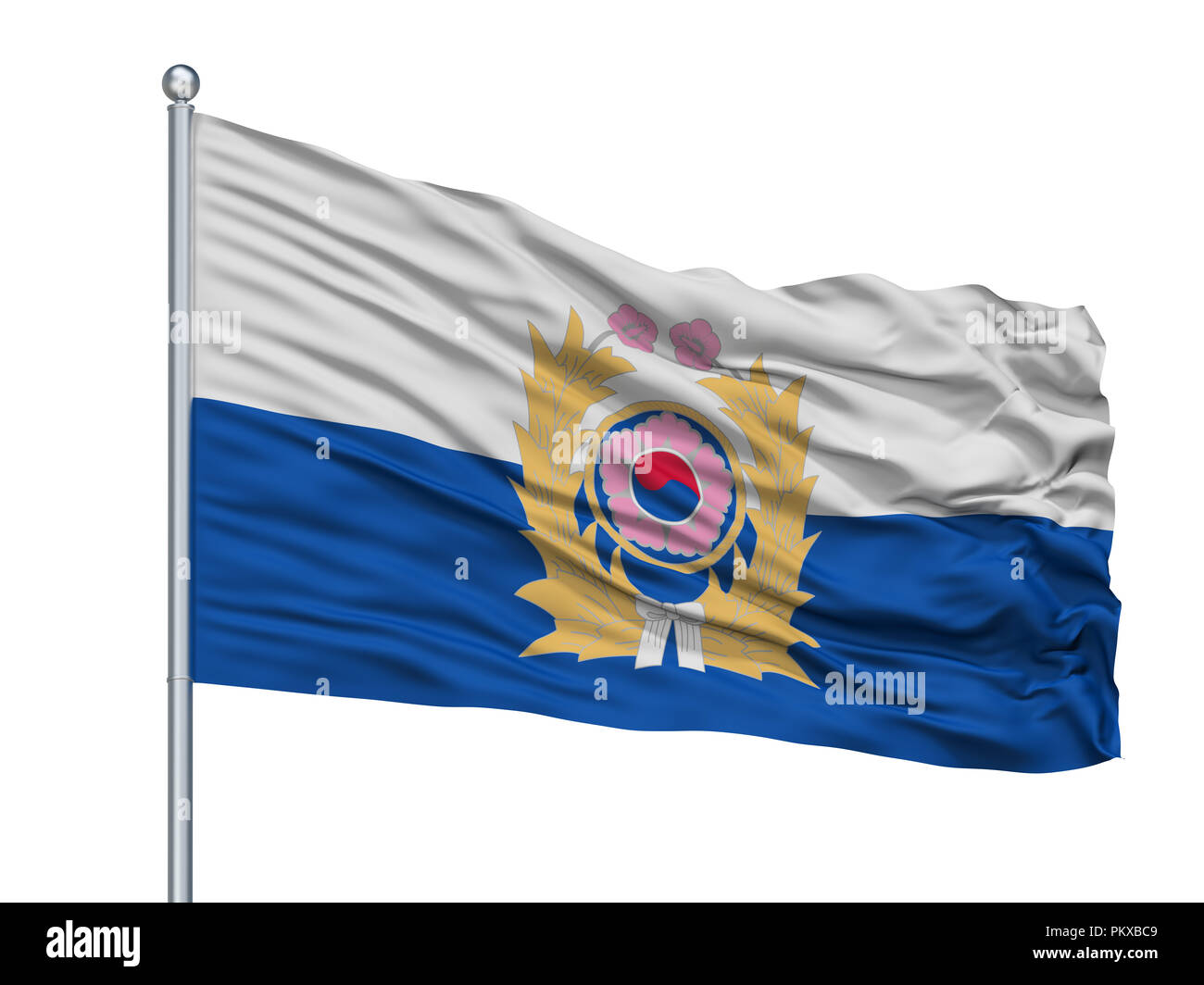 Repubblica di Corea esercito bandiera sul pennone, isolato su sfondo bianco, rendering 3D Foto Stock