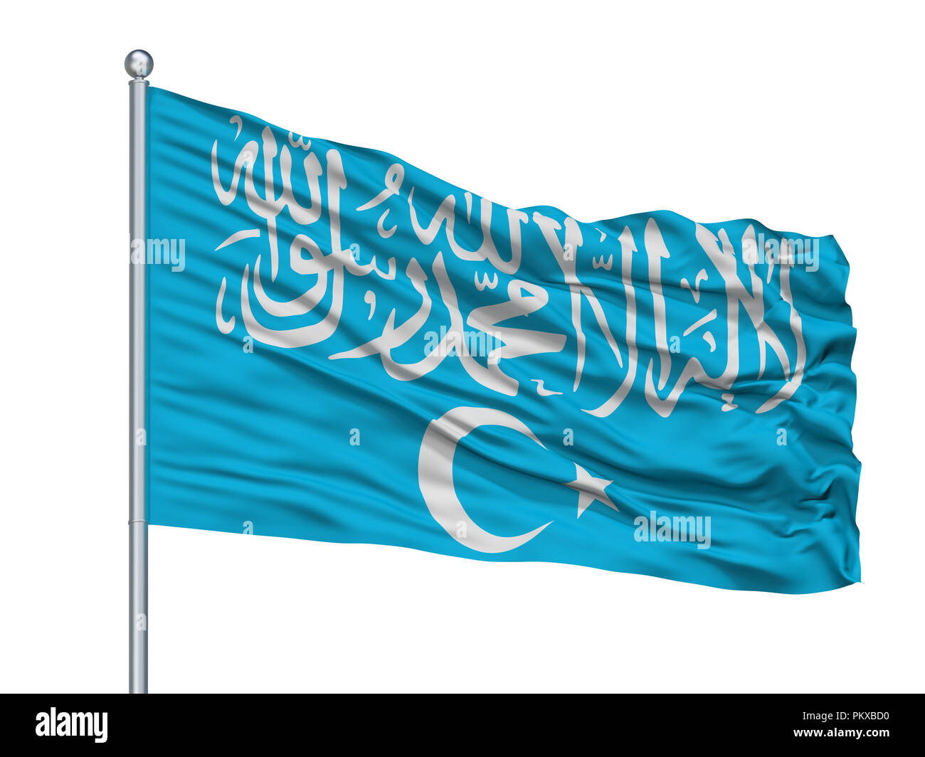 Partito islamico del Turkestan bandiera sul pennone, isolato su sfondo bianco, rendering 3D Foto Stock