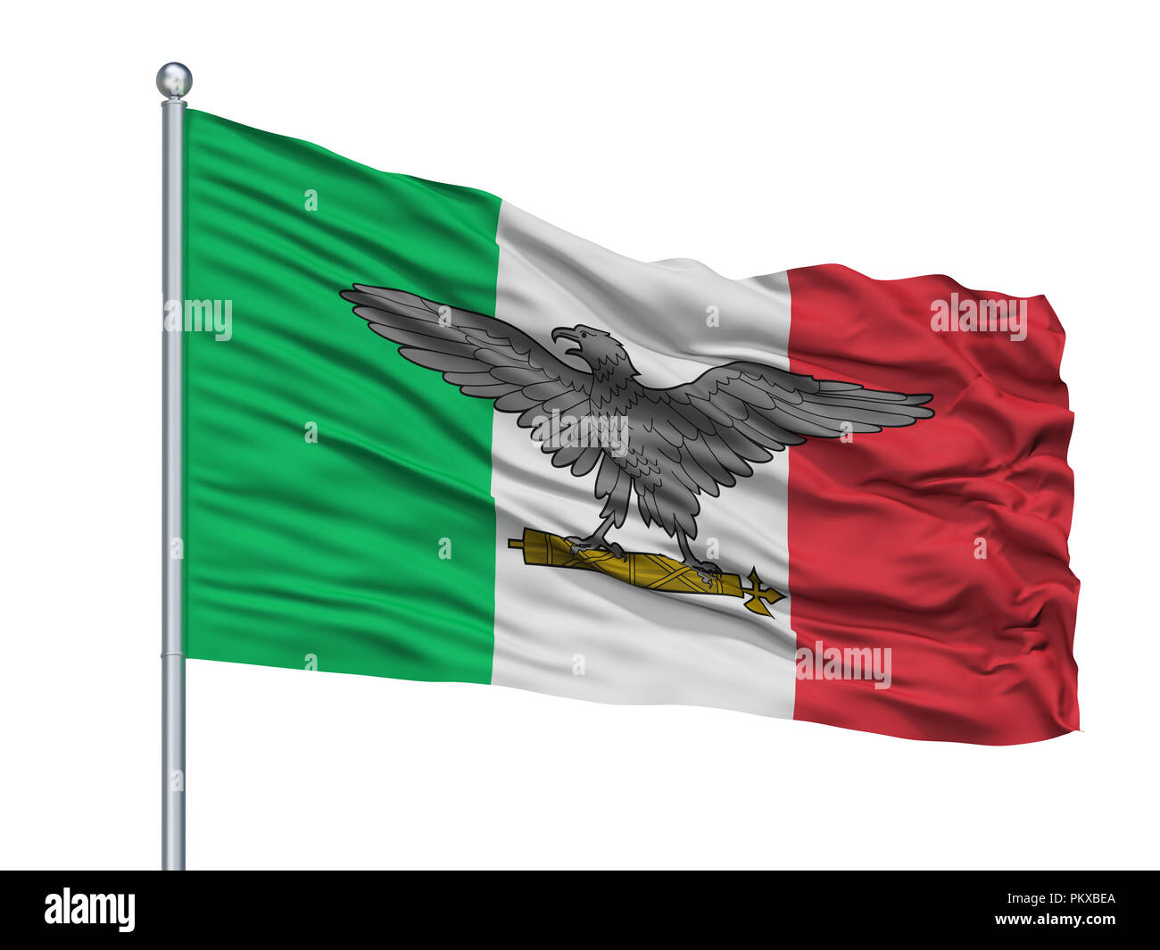Repubblica Sociale Italiana Bandiera di Guerra sul pennone, isolato su sfondo bianco, rendering 3D Foto Stock