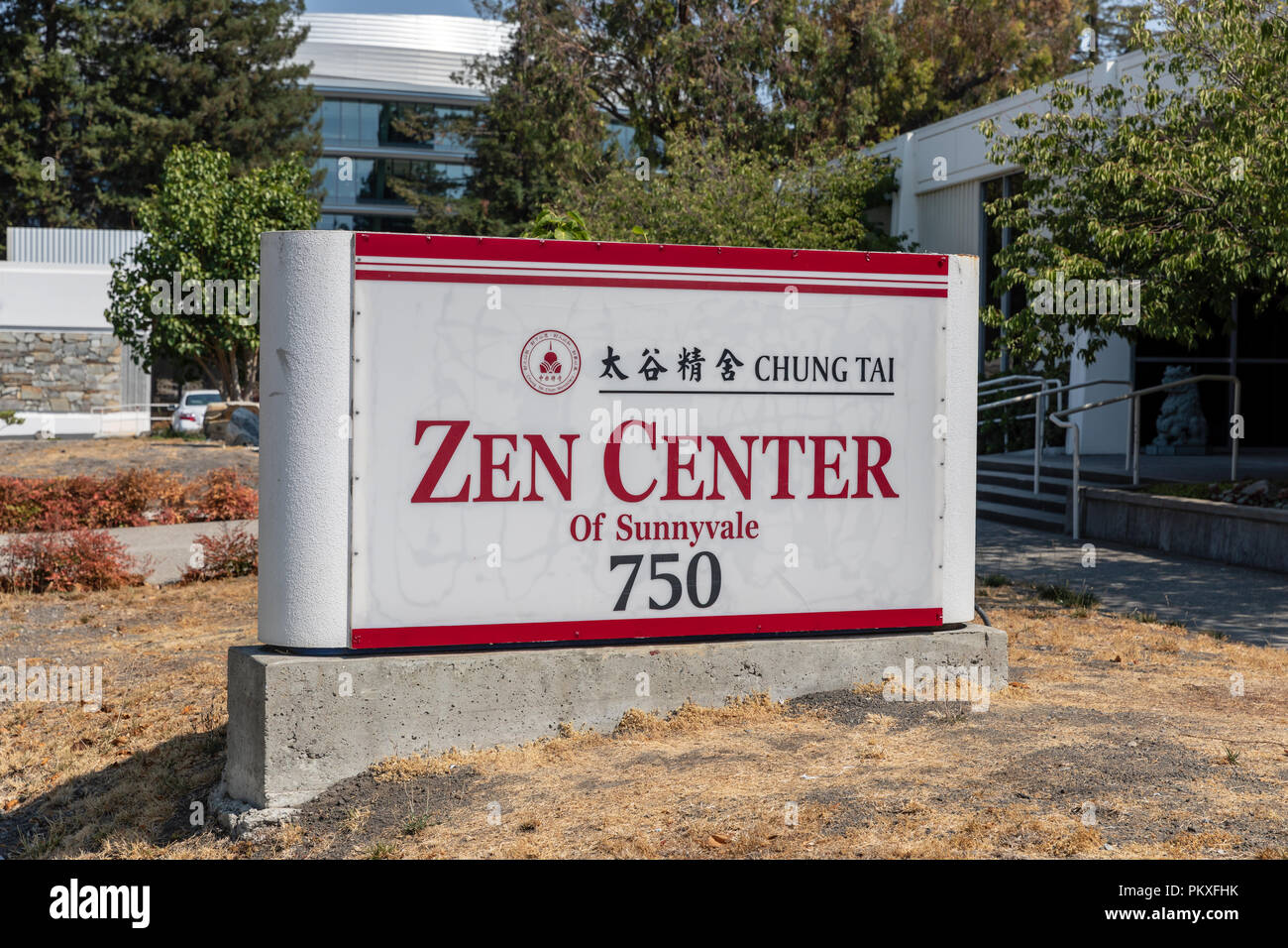 Tai Chung centro Zen di Sunnyvale, firmare fuori dall'edificio; Sunnyvale, California, Stati Uniti d'America Foto Stock