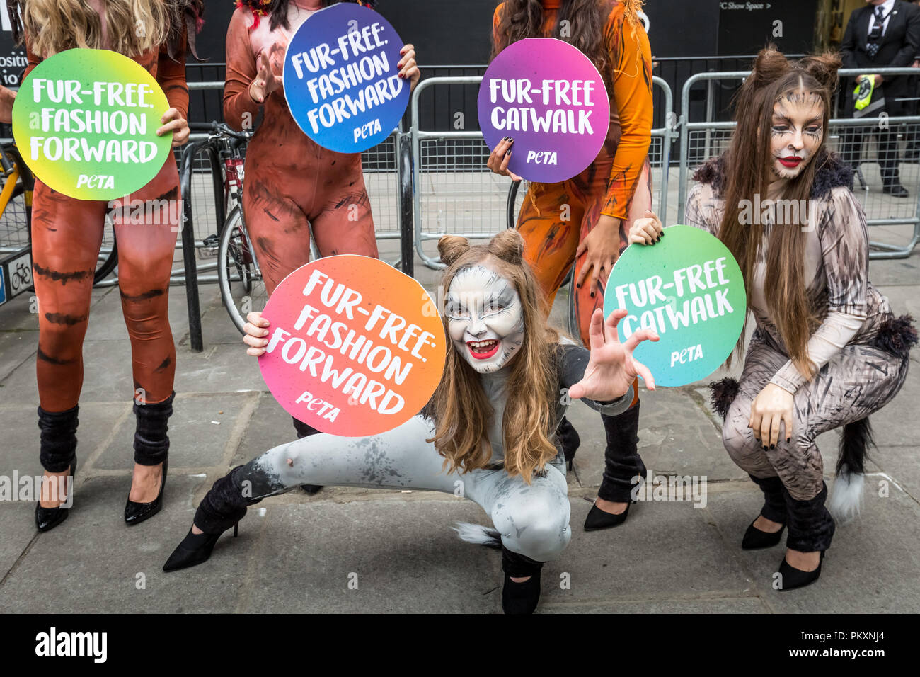 Londra, Regno Unito. 14 Settembre, 2018. I manifestanti da PETA dimostrare vestito gatti fuori la London Fashion Week. Credito: Guy Corbishley/Alamy Live News Foto Stock