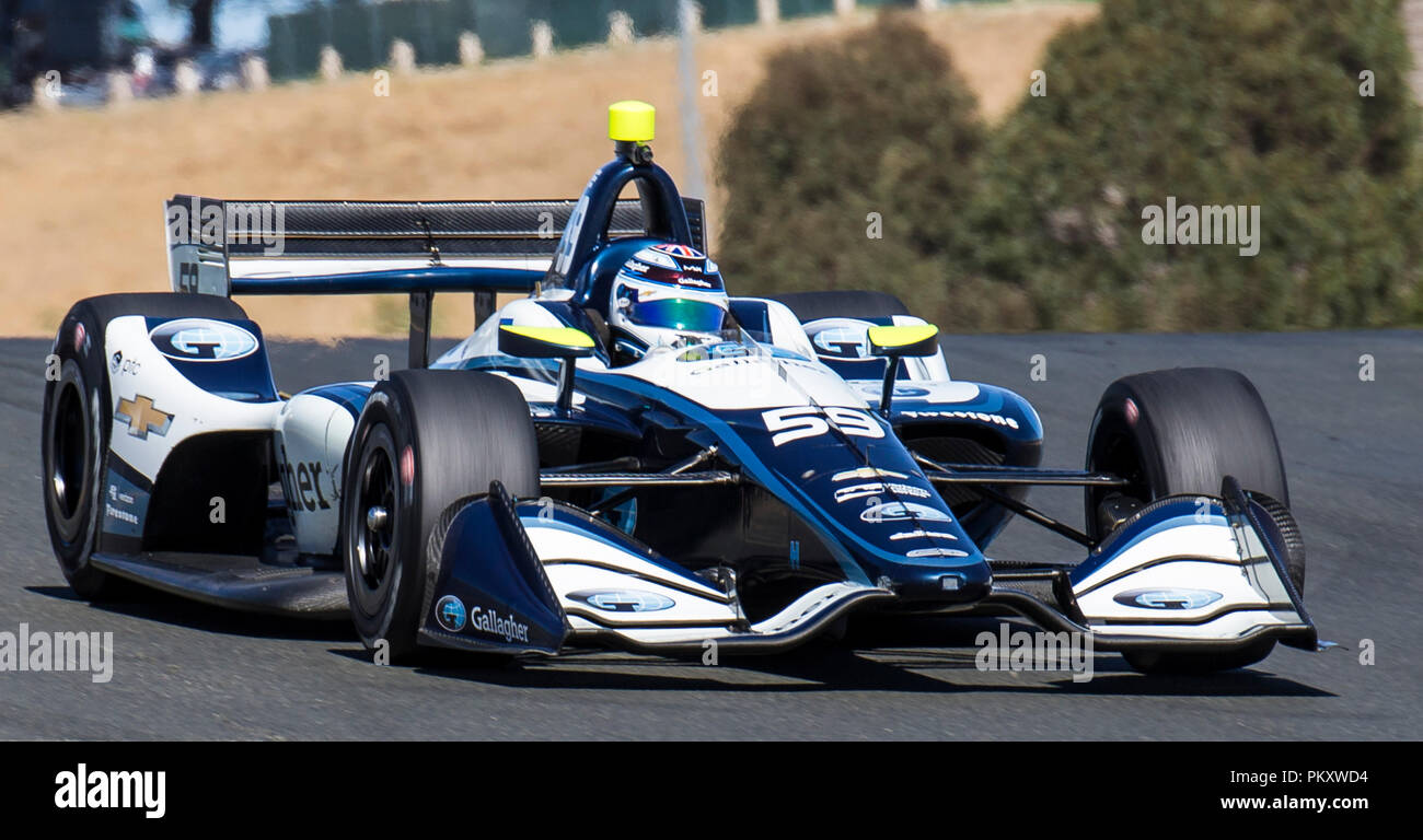 In California, Stati Uniti d'America. Xv Sep, 2018. A : driver Carlin Max Chilton (59) della Gran Bretagna in uscita di curva 5 durante la GoPro Grand Prix di Sonoma Verizon Indycar pratica di Sonoma Raceway Sonoma, CA Thurman James/CSM/Alamy Live News Foto Stock