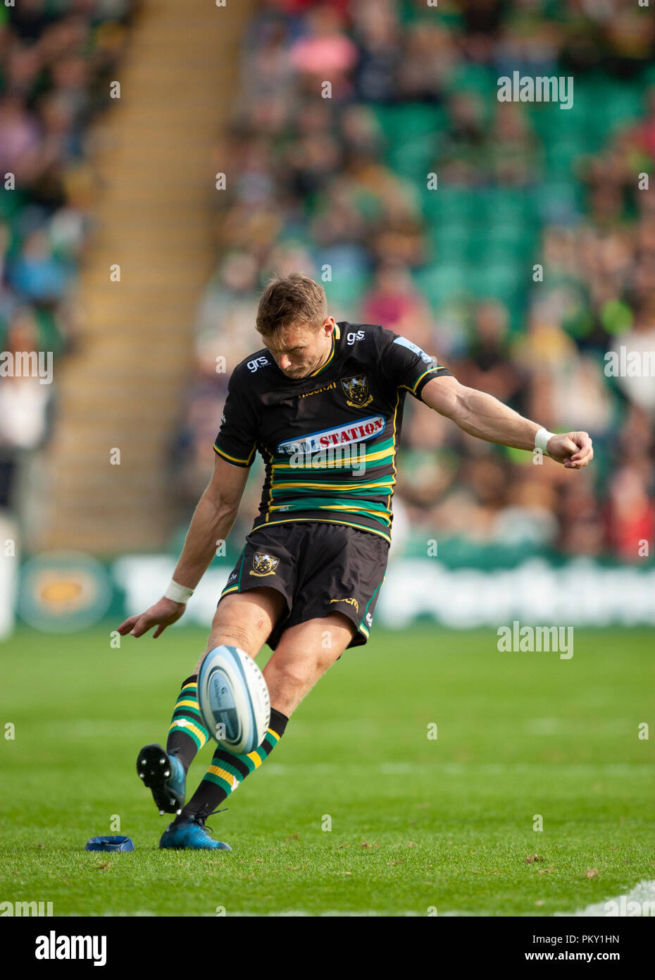 Northampton, Regno Unito. Il 15 settembre 2018. Dan Biggar di Northampton Santi durante la Premiership Gallagher round 3 match tra Northampton santi e saraceni al Franklin's Gardens. Andrew Taylor/Alamy Live News Foto Stock