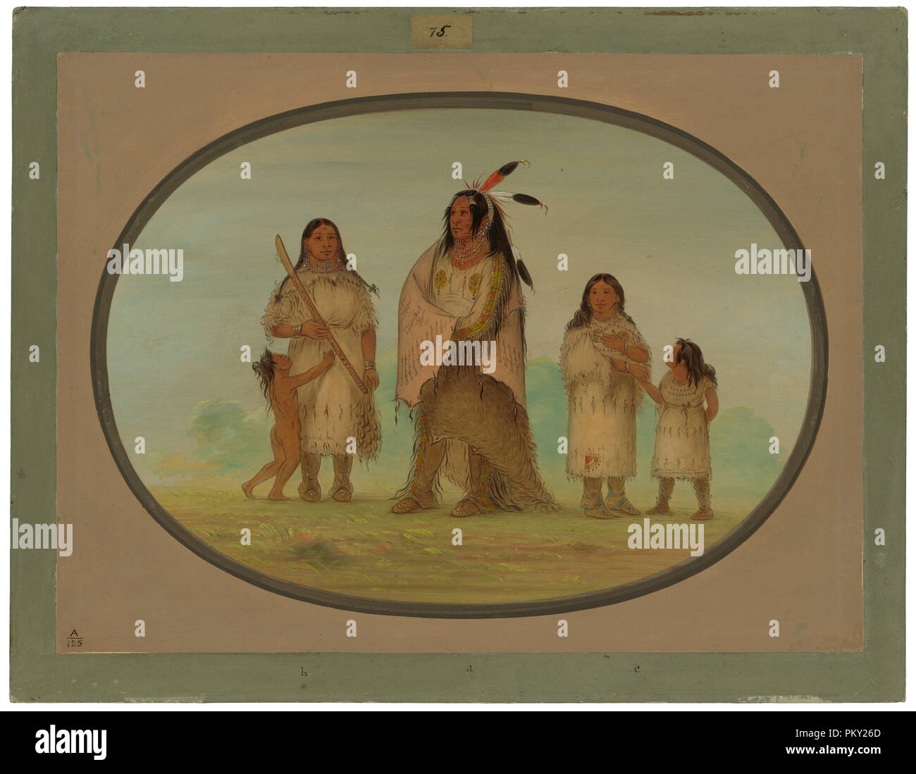 Assinneboine guerriero e la sua famiglia. Data: 1861/1869. Dimensioni: complessivo: 47,3 x 63,5 cm (18 5/8 x 25 in.). Medium: Olio su carta montato su cartone. Museo: National Gallery of Art di Washington DC. Autore: George Catlin. Foto Stock