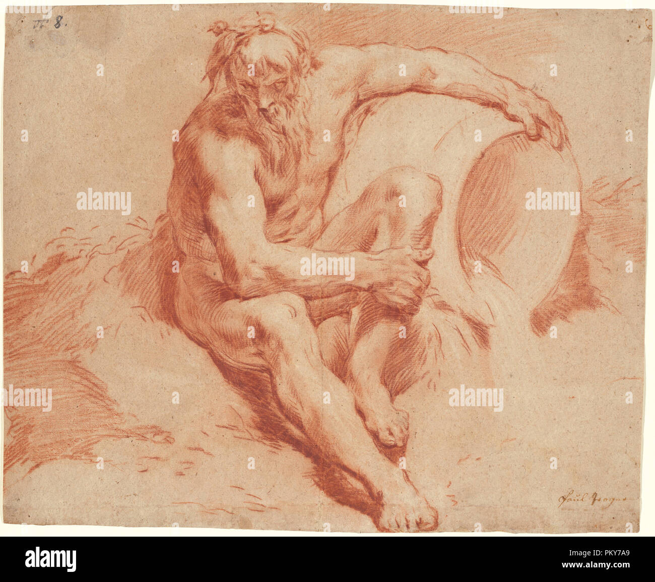 Dio fiume. Data: c. 1720. Dimensioni: complessivo: 44 × 53,7 cm (17 5/16 × 21 1/8 in.). Medium: gesso rosso maggiore sul tan carta fiocchi d'avena, intensificato con gesso bianco. Museo: National Gallery of Art di Washington DC. Autore: Paul Troger. Foto Stock
