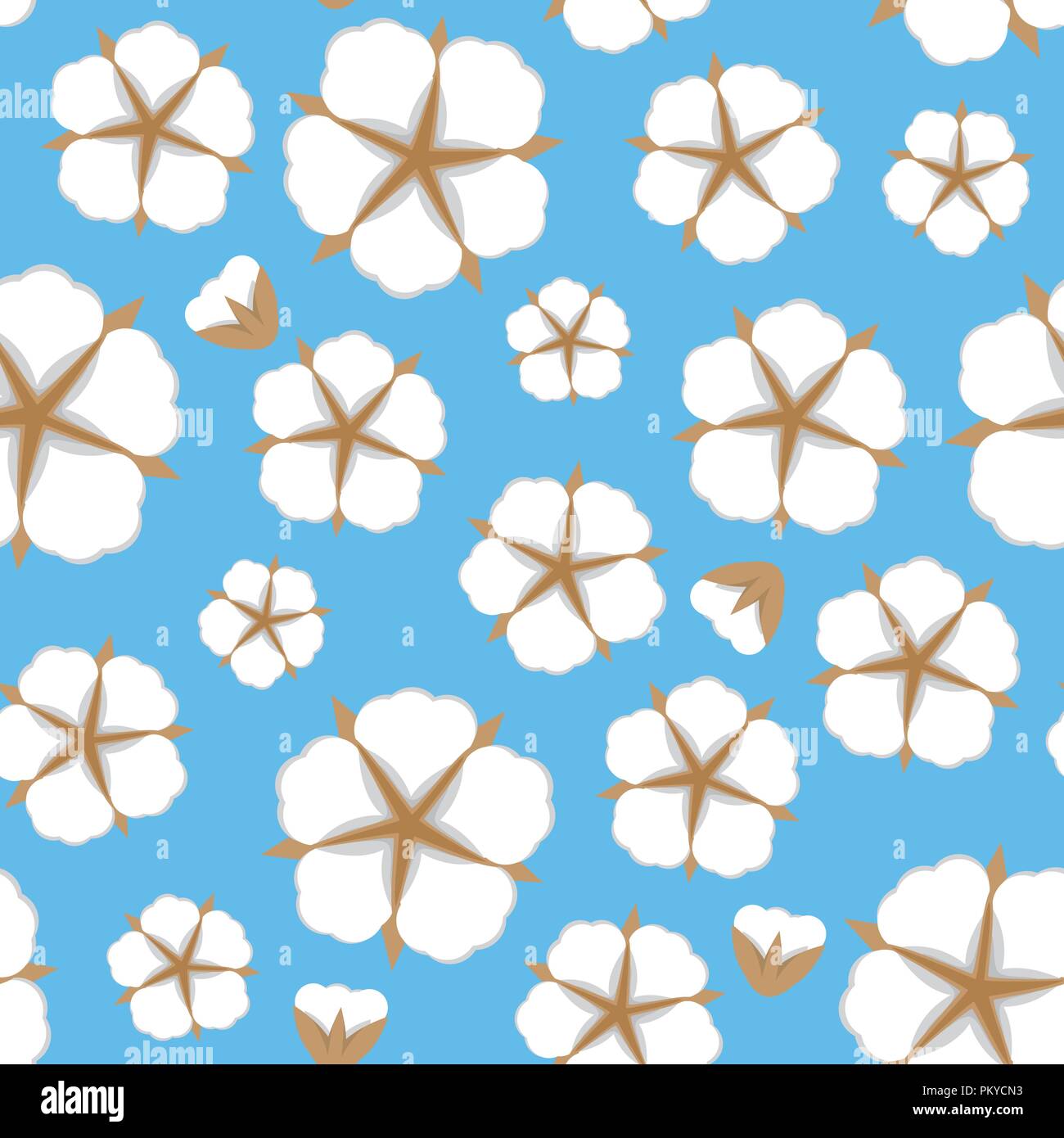 Fiore di cotone Seamless pattern. Stile di piatto su sfondo blu. Illustrazione Vettoriale. Illustrazione Vettoriale