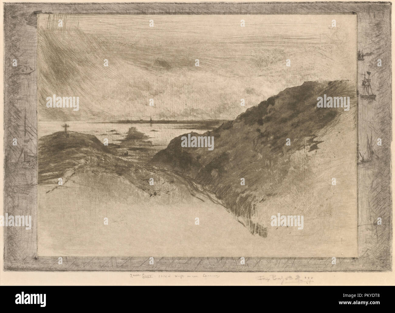 La Falaise: Baie de Saint-malo (scogliera: Saint-Malo Bay). Data: 1886/1890. Dimensioni: piastra: 24,7 x 35,7 cm (9 3/4 x 14 1/16 in.) foglio: 35 x 48,3 cm (13 3/4 x 19 in.). Medium: heliogravure, attacco, puntasecca, roulette, e sputa-morso in grigio-verde (piastra centrale) e nero (margine piastra) su carta intessuta. Museo: National Gallery of Art di Washington DC. Autore: Félix-Hilaire Buhot. Foto Stock