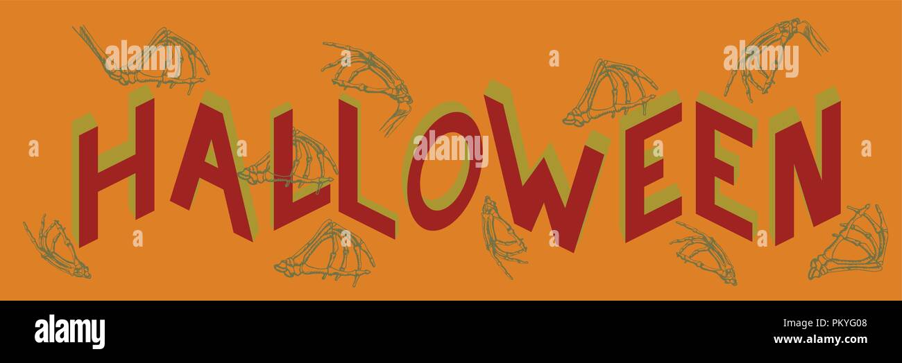 Iscrizione Halloween in proiezione isometrica di lettere con elementi aggiuntivi. Le ossa della mano. Illustrazione Vettoriale