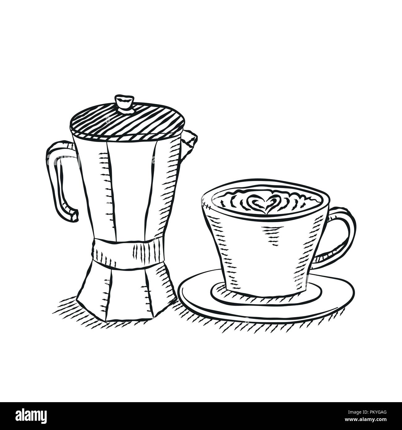 Il vaso e tazza di caffè isolato su sfondo bianco - disegnato a mano nel vettore doodle stile. Illustrazione Vettoriale