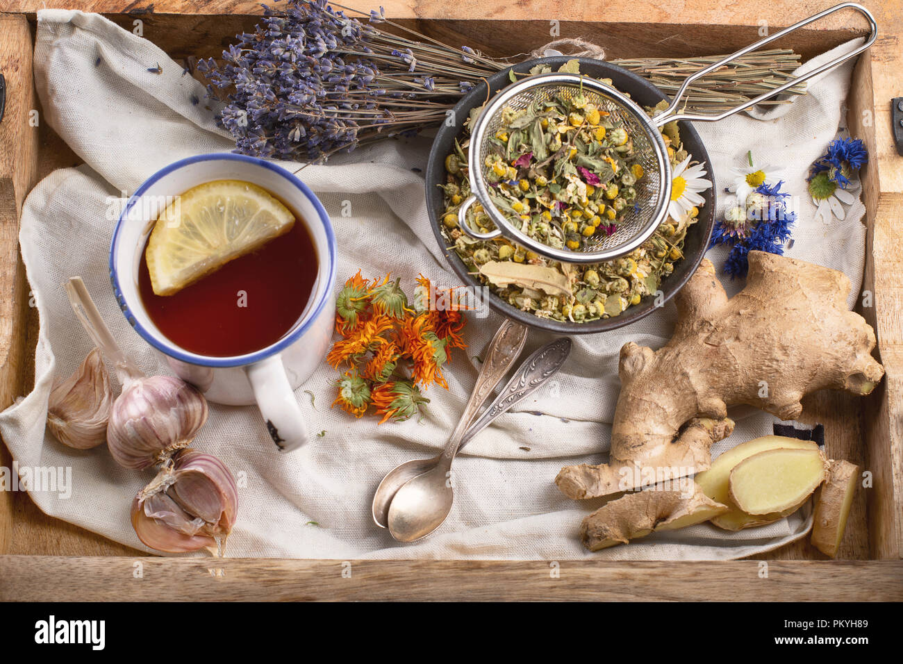 Naturale medicina di erbe rimedi. Vista superiore Foto Stock