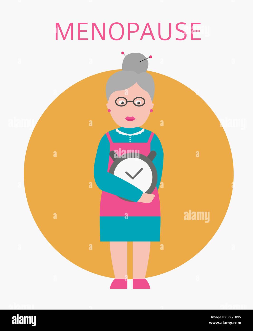 Icona della menopausa isolato su bianco. La nonna è in possesso di sveglia. Illustrazione Vettoriale Illustrazione Vettoriale