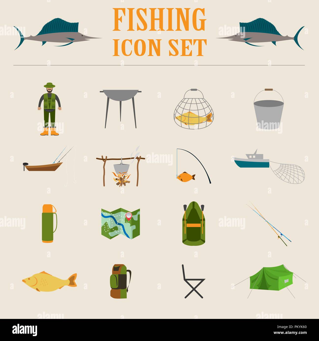 Attrezzatura da pesca icon set. Illustrazione Vettoriale Illustrazione Vettoriale